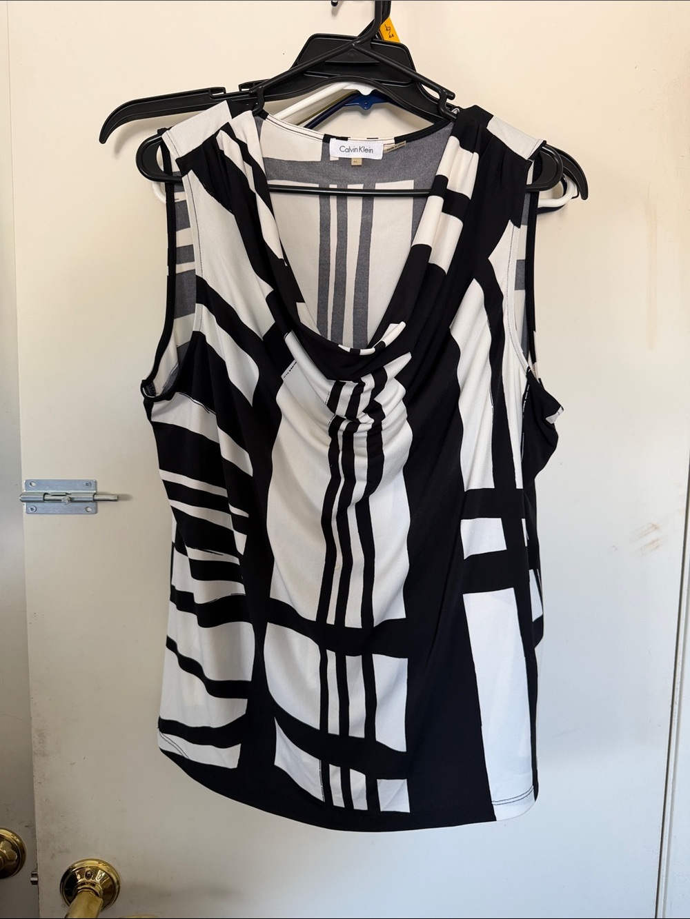 Calvin Klein Black and White Sleeveless Cowl Neck Geometric Tank